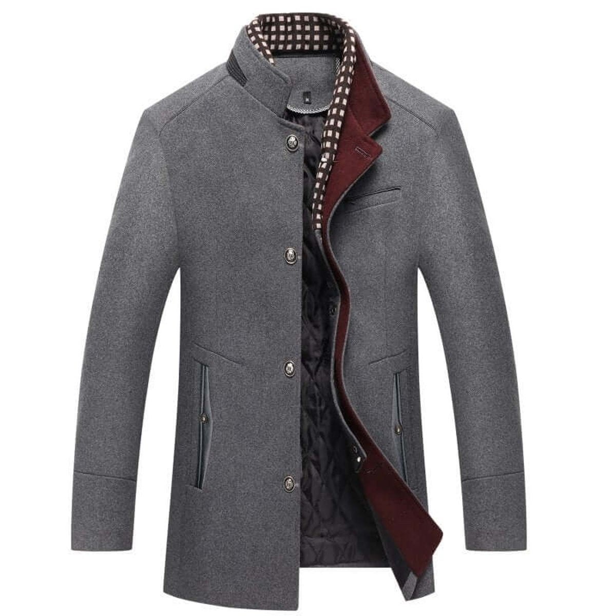 Grey men's wool-feel coat with maroon underside and stand collar
