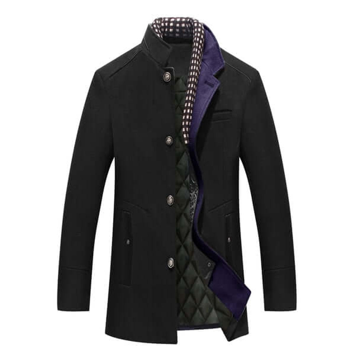 Black slim-fit overcoat with purple lining and quilted inner panel
