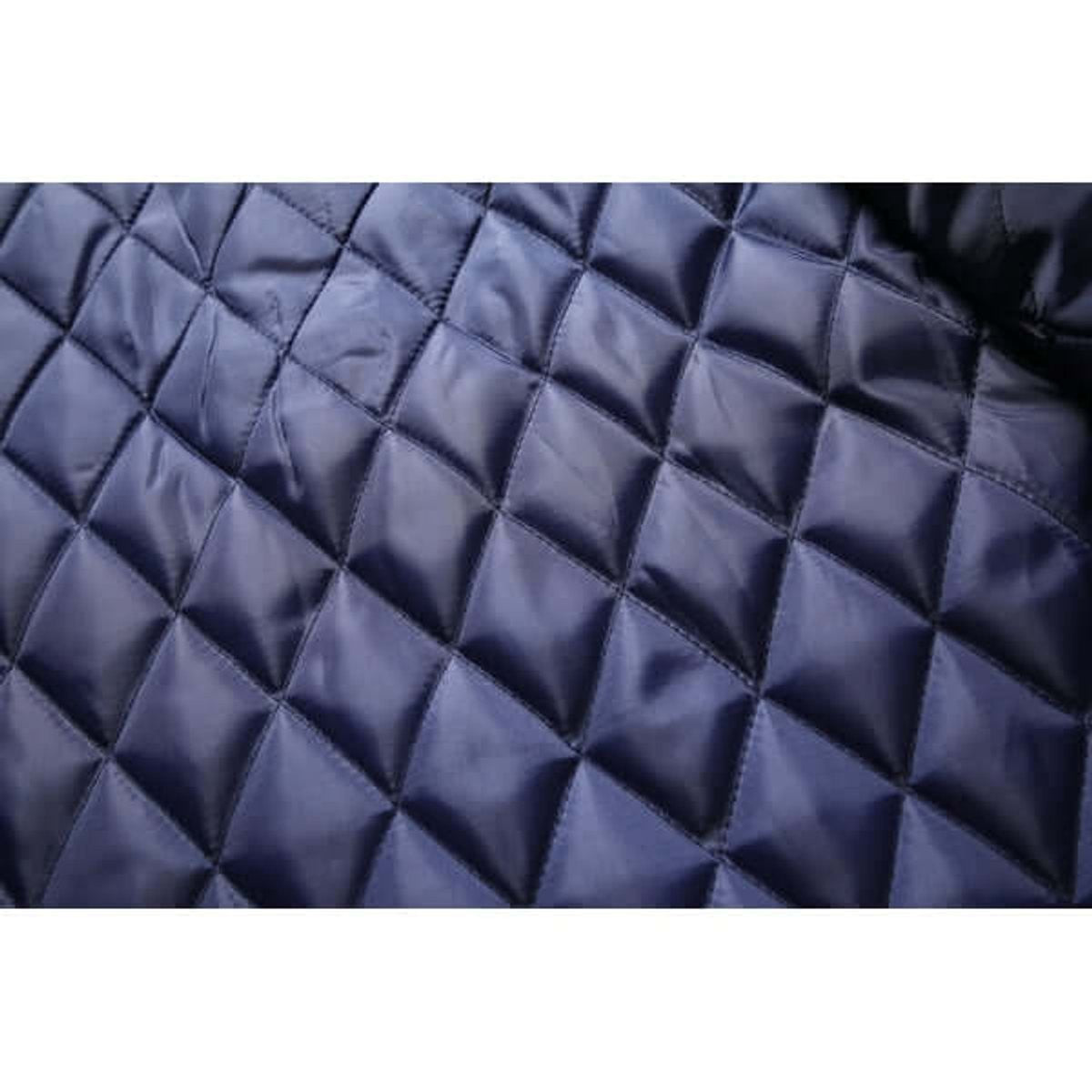 Detail of navy quilted lining inside men's wool-feel overcoat