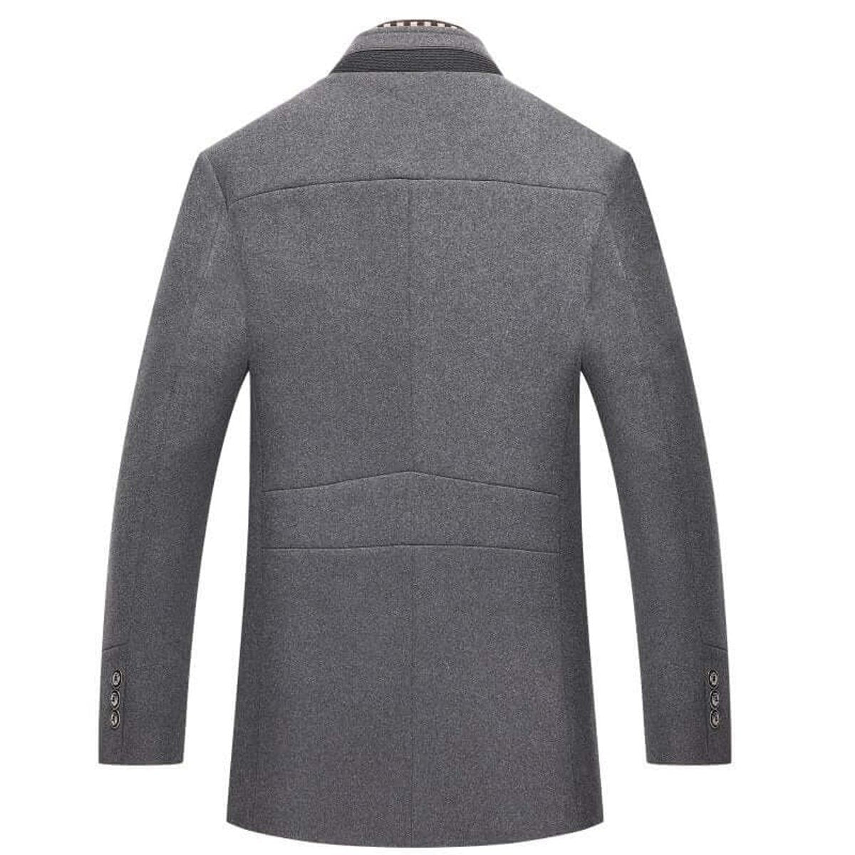 Back view of grey slim-fit overcoat showing tailored seam detailing