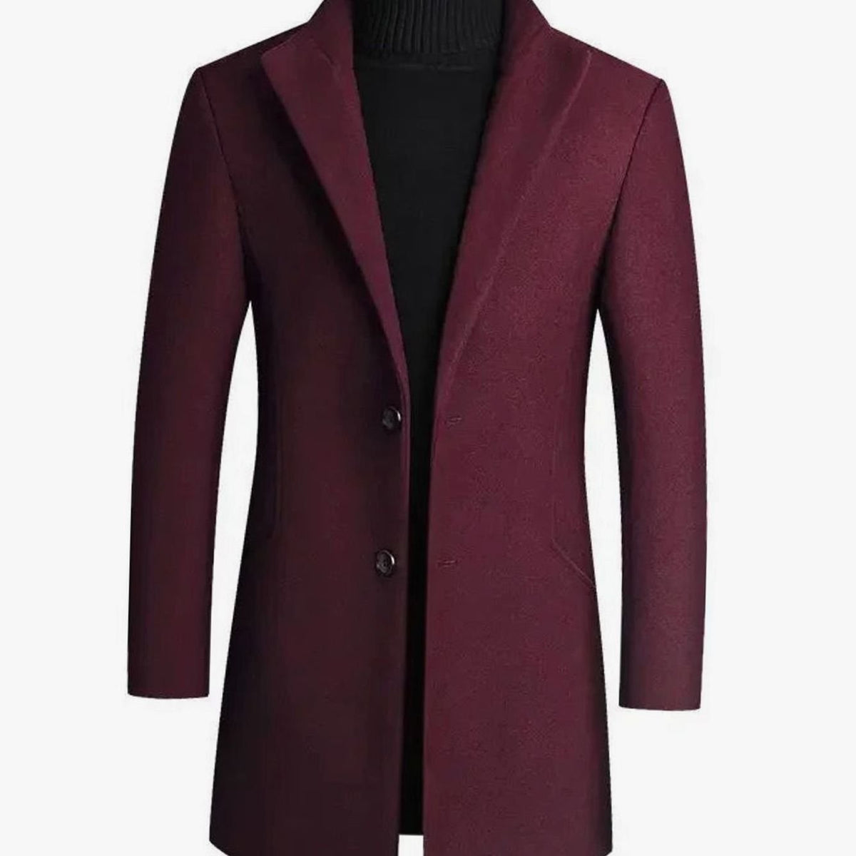 Burgundy wool-blend overcoat with notch lapel and slim-fit tailoring