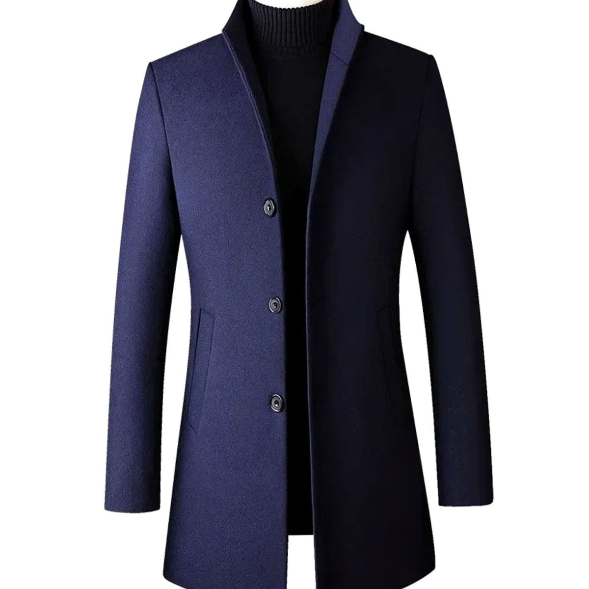 Navy wool-blend overcoat featuring stand collar and slim tailored cut