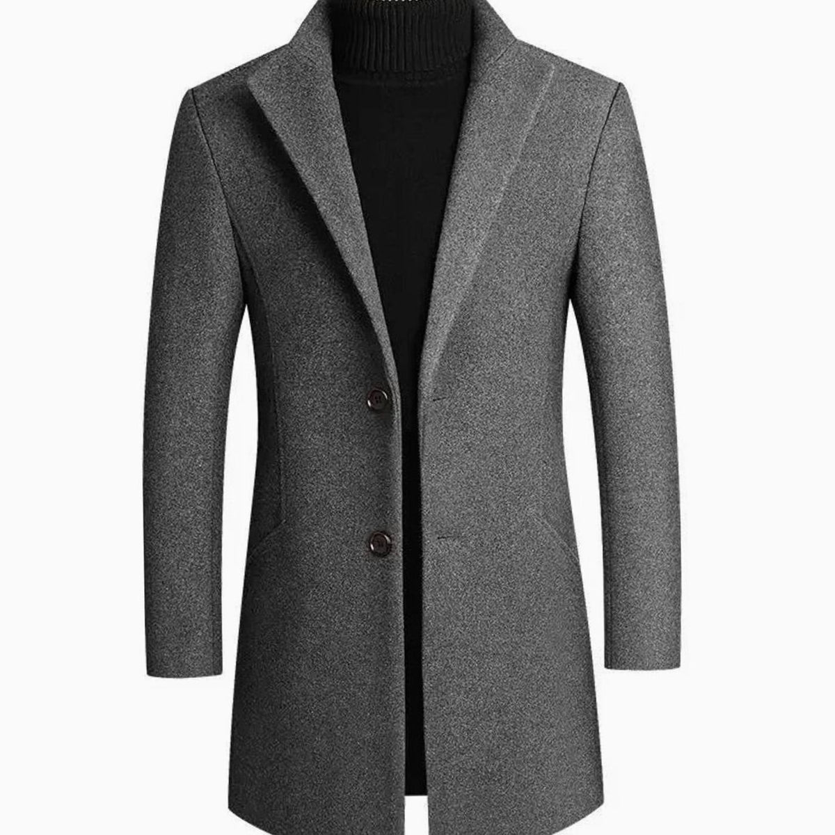 Charcoal grey wool-blend coat with notch lapel and two-button front