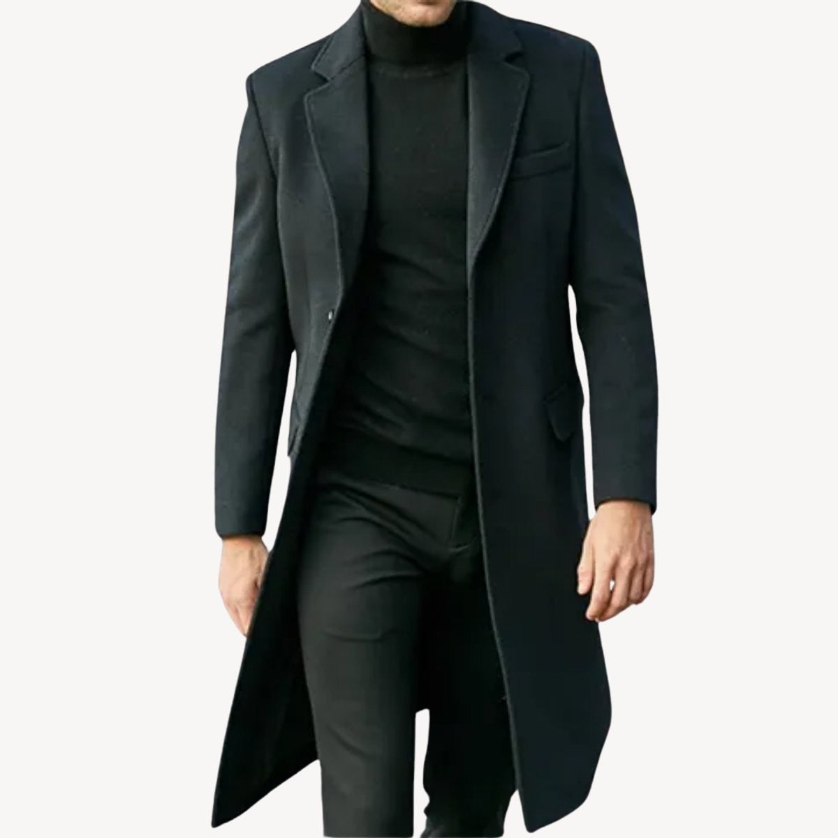 Tailored black longline overcoat with single-breasted button fastening