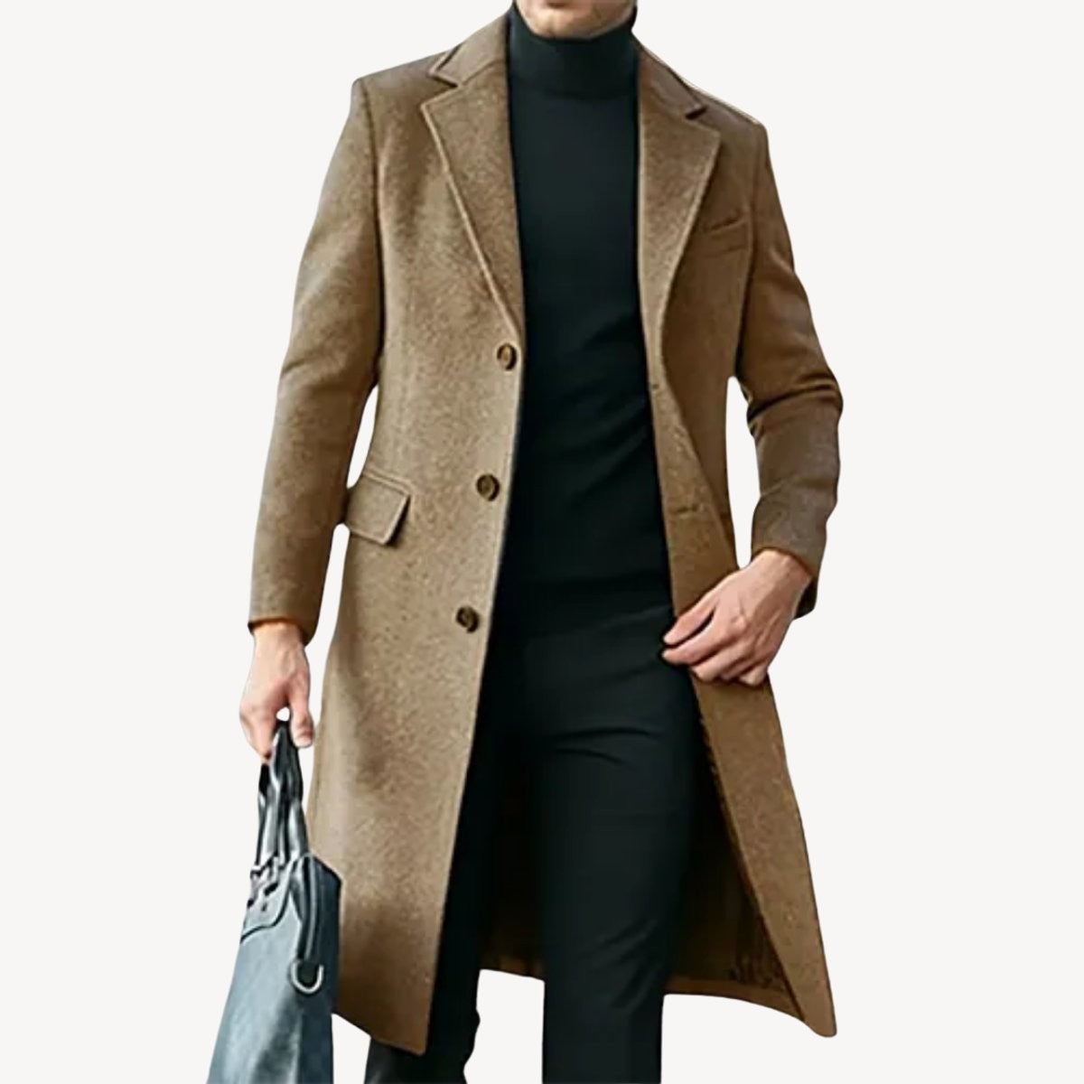 Camel wool-blend overcoat with notch lapel and flap pockets, buttoned up