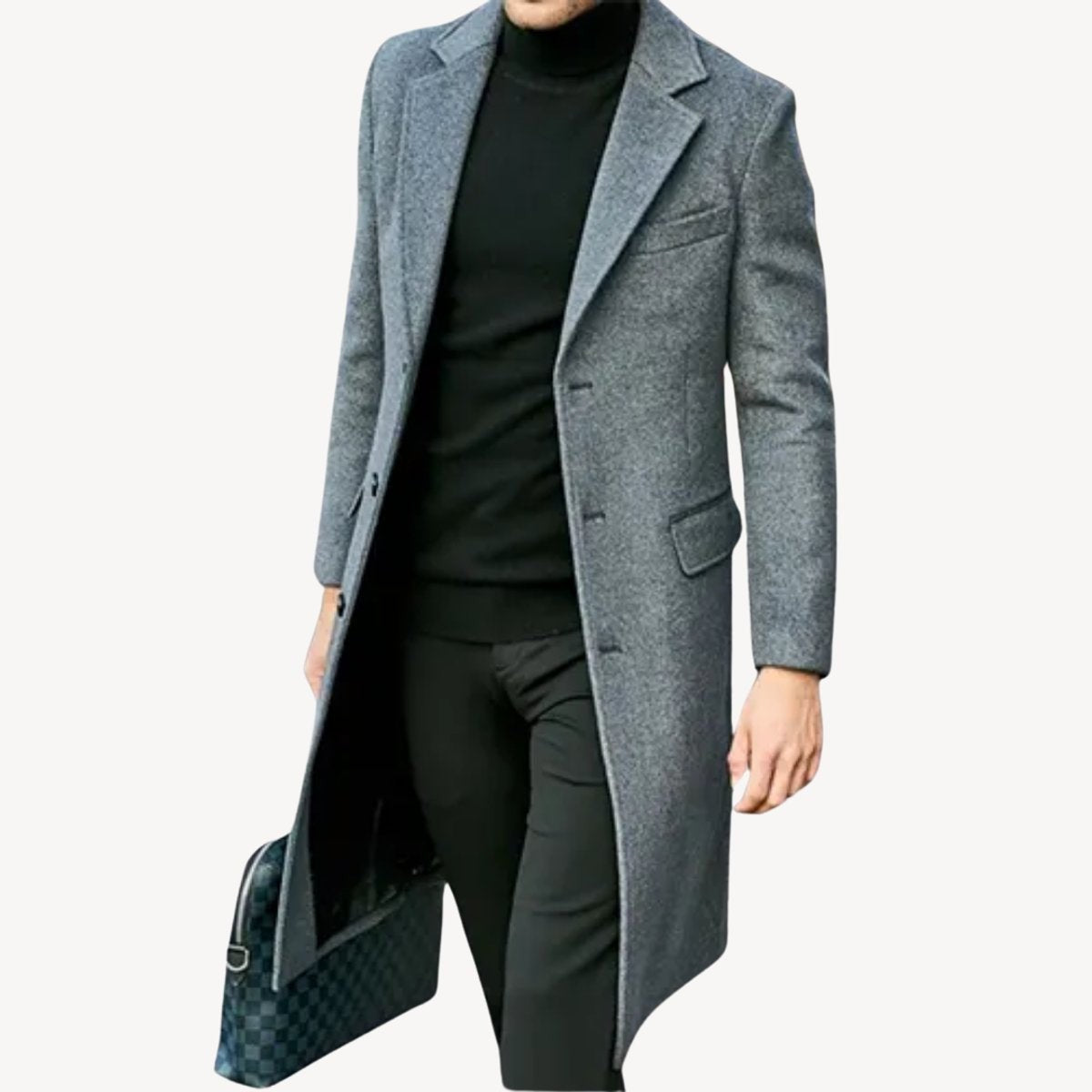 Grey tailored overcoat with wide lapels and long single-breasted cut