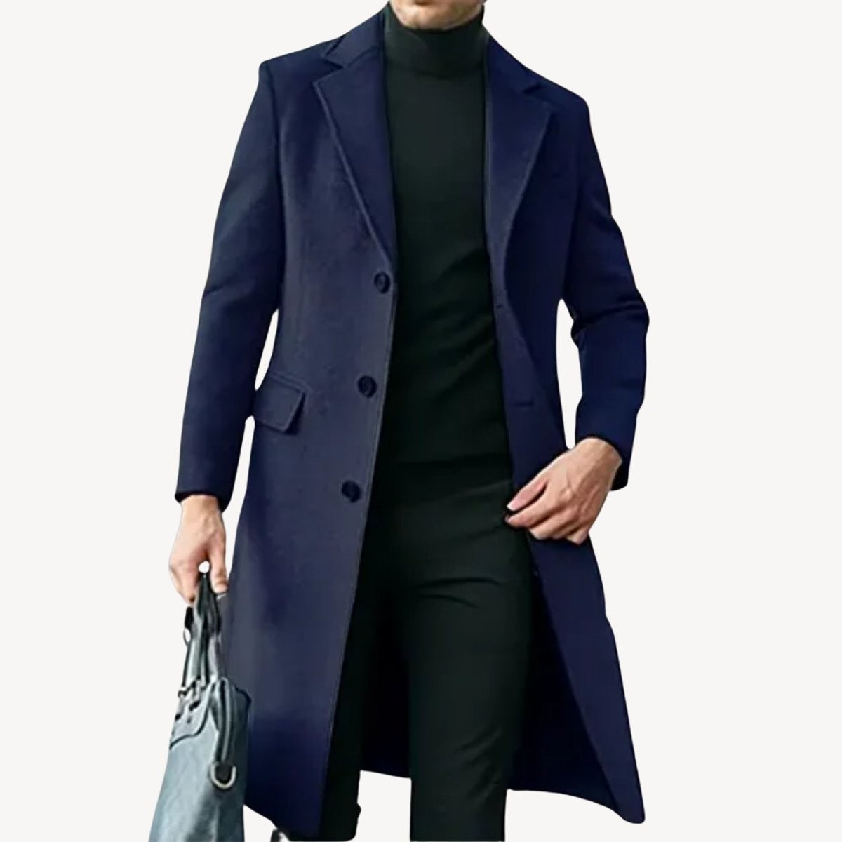 Navy wool-blend overcoat with tailored fit and flap pocket detail