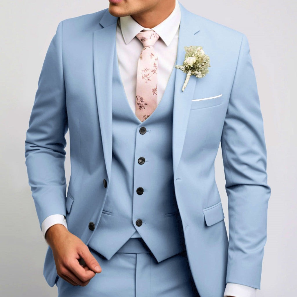 Pale blue three-piece suit with notch lapel and pink tie