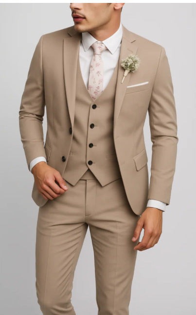 Beige slim-fit suit jacket and waistcoat with floral boutonniere