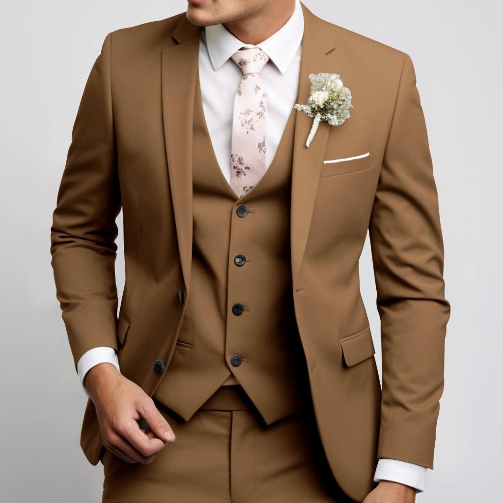 Camel brown three-piece suit with matching waistcoat and tie