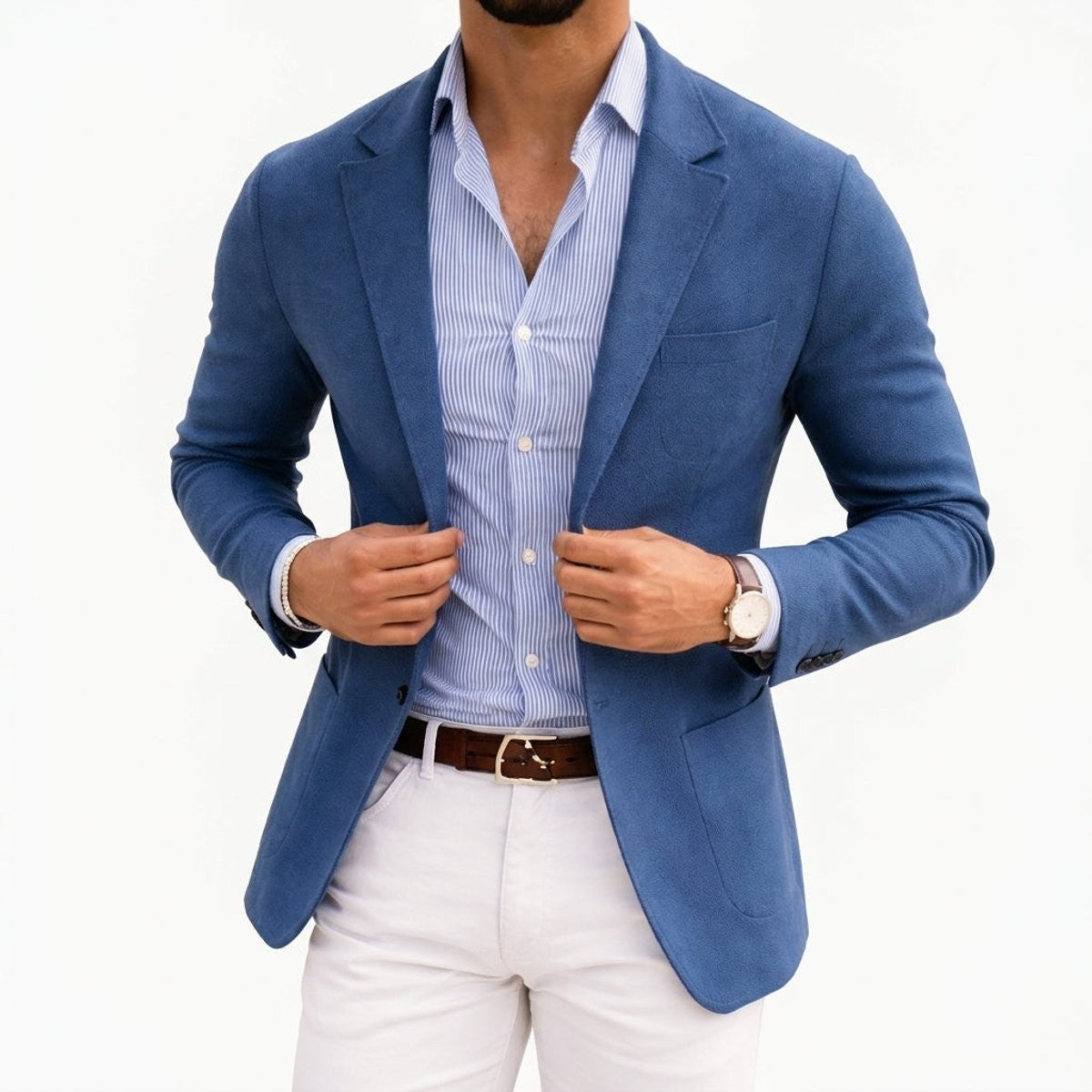 Blue knit blazer worn with striped shirt and white trousers, notch lapel detail
