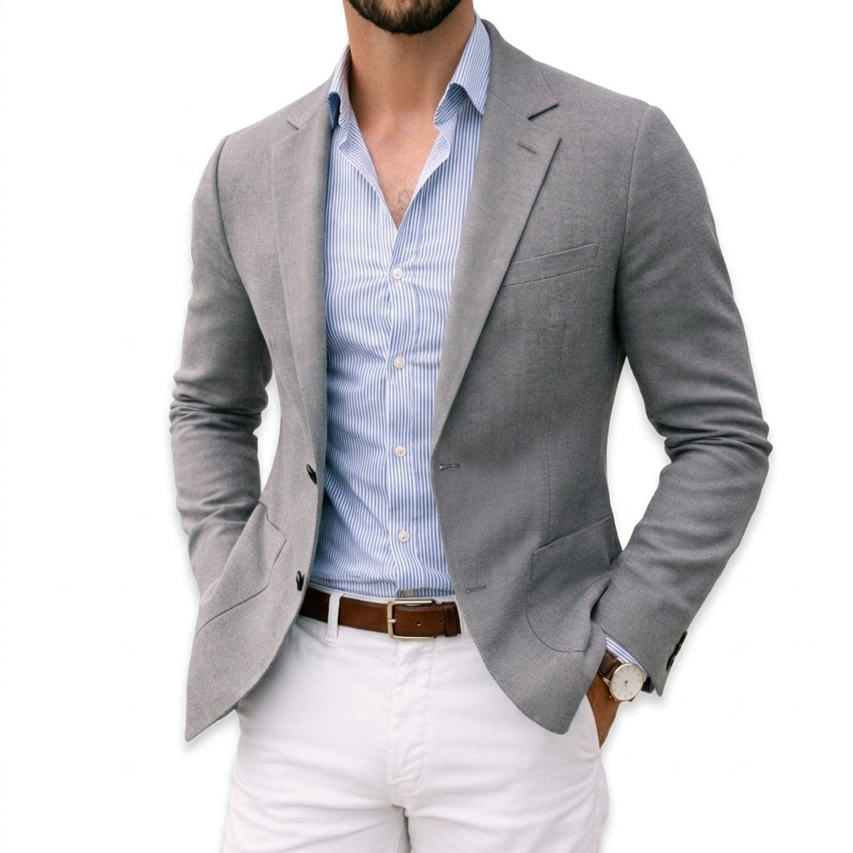 Light grey knit blazer paired with striped shirt for smart casual look