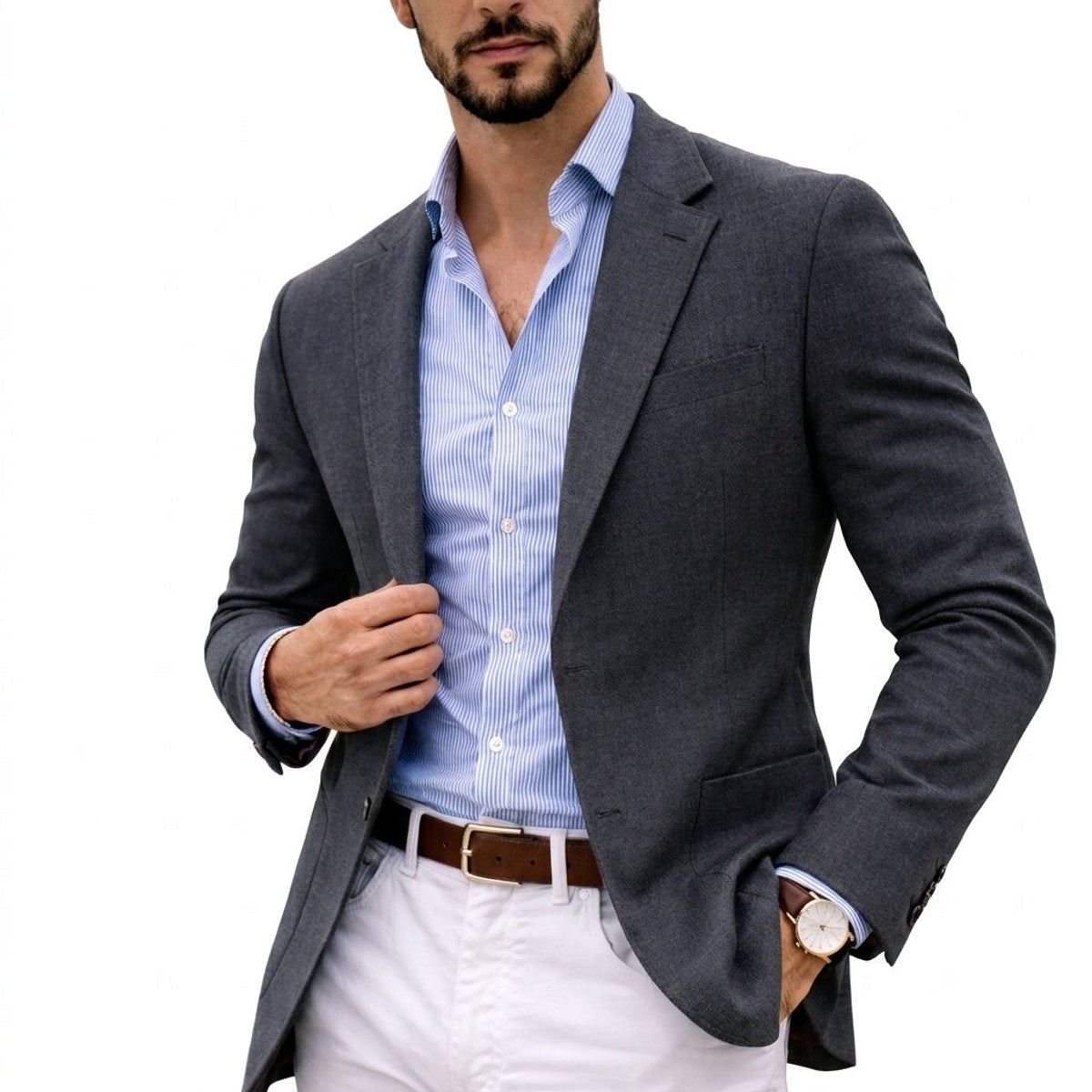 Charcoal grey knit blazer with notch lapel styled over blue striped shirt