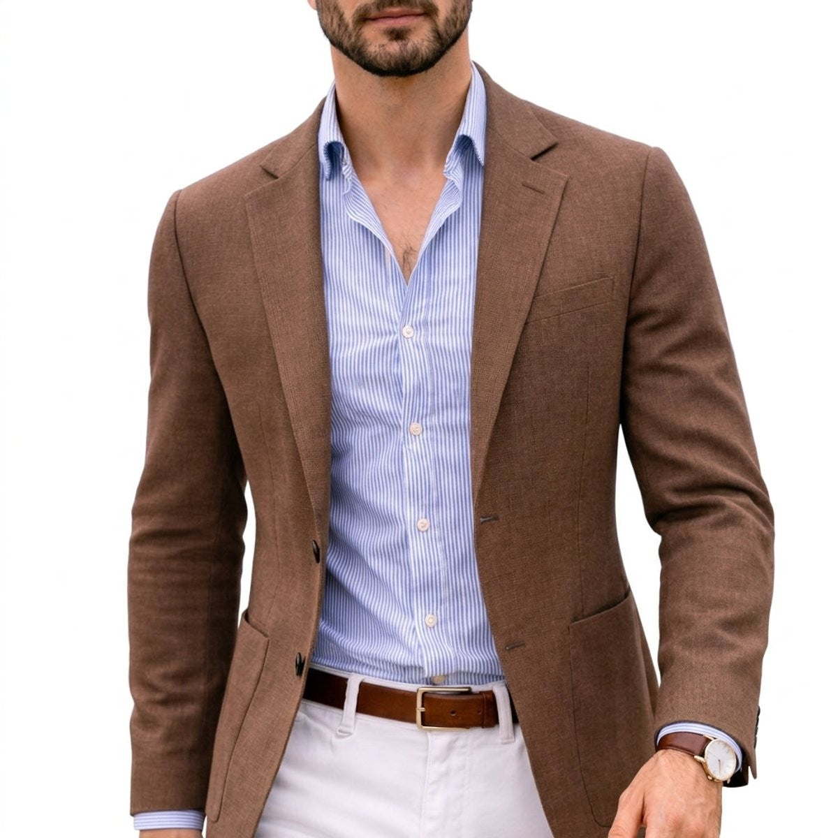 Brown knit blazer with textured weave styled with striped shirt and white trousers