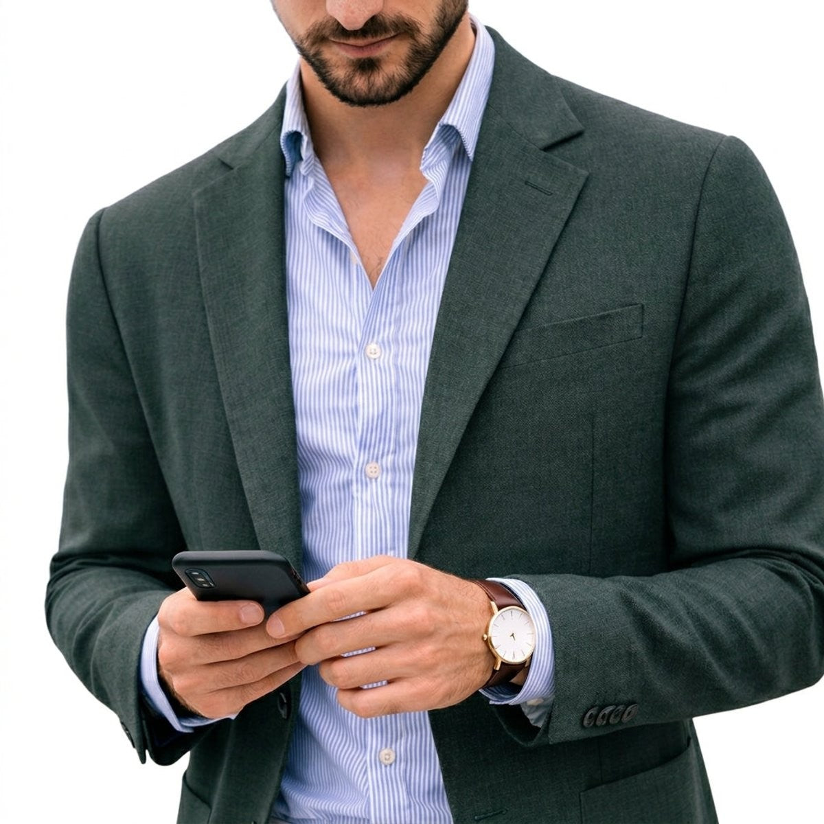Dark green knit blazer worn with striped shirt, model holding smartphone