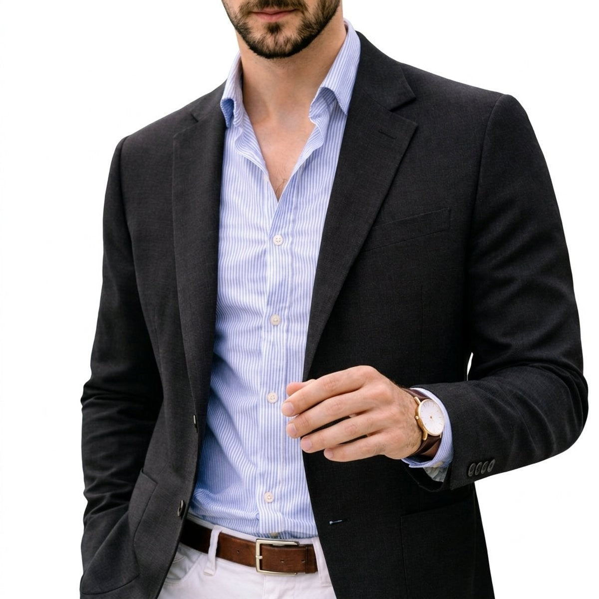 Black knit blazer with tailored notch lapel over blue striped shirt