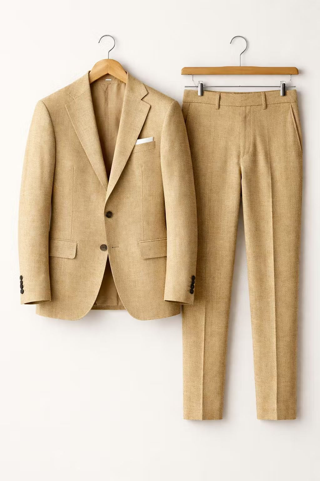 Camel textured suit jacket and tapered trousers hung side by side
