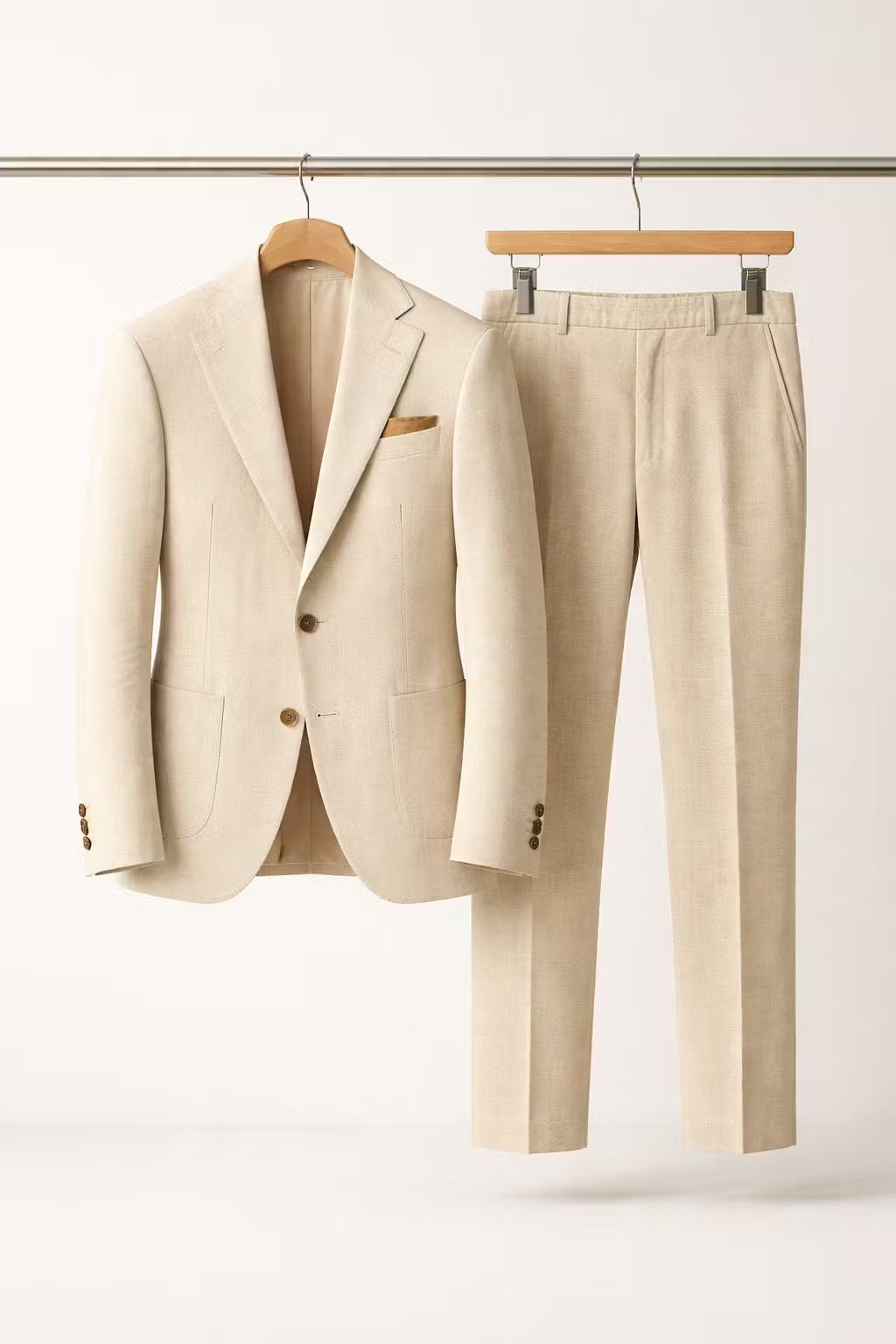 Cream textured two-piece suit displayed on hangers against white backdrop