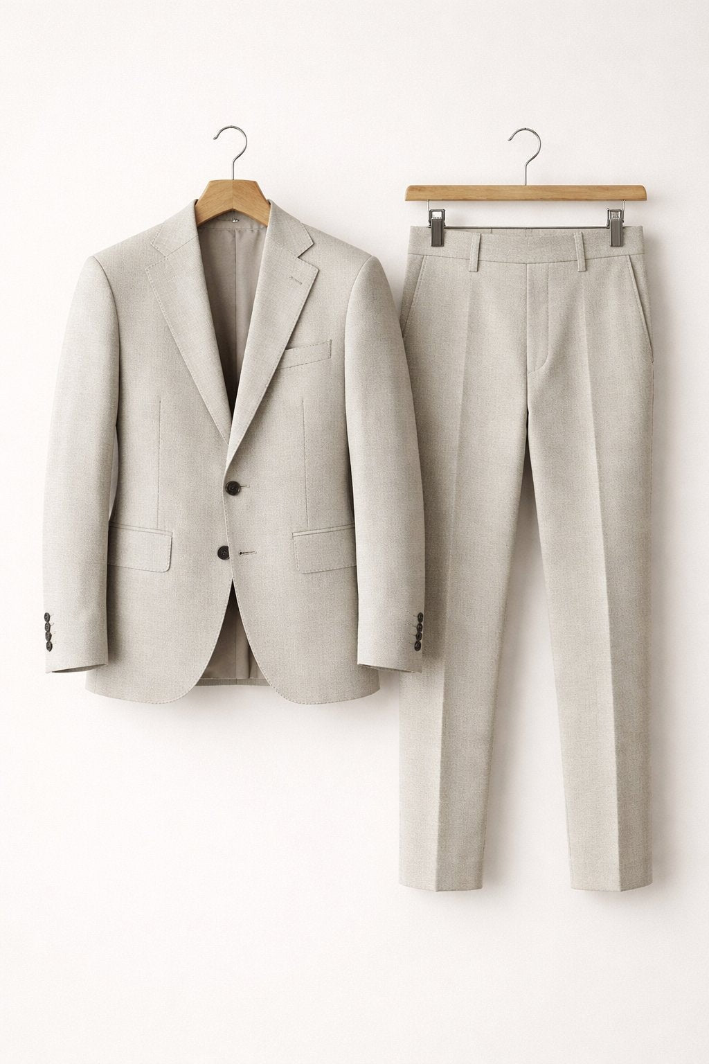 Light grey slim-fit suit jacket and trousers hanging on wooden hangers