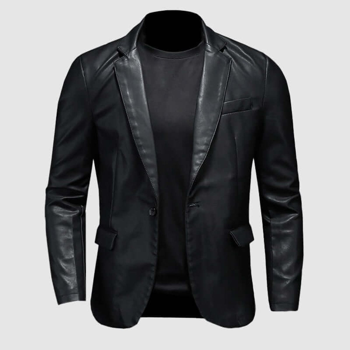 Black faux leather blazer with notch lapel and slim-fit tailoring, front view