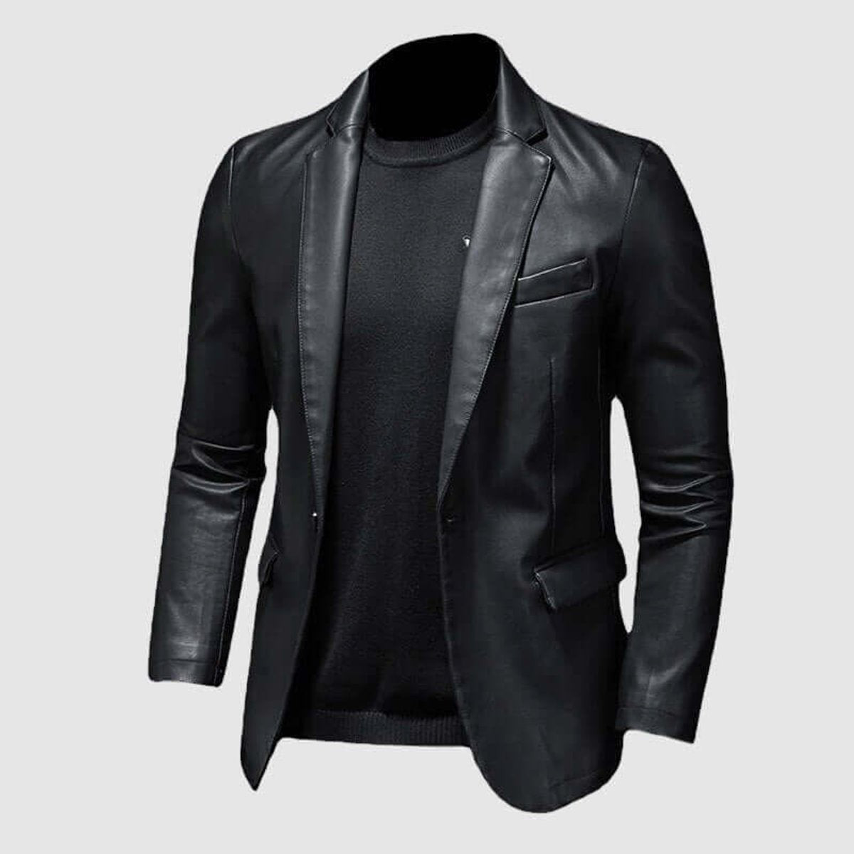 Men's slim-fit leather blazer worn over black jumper, angled side view
