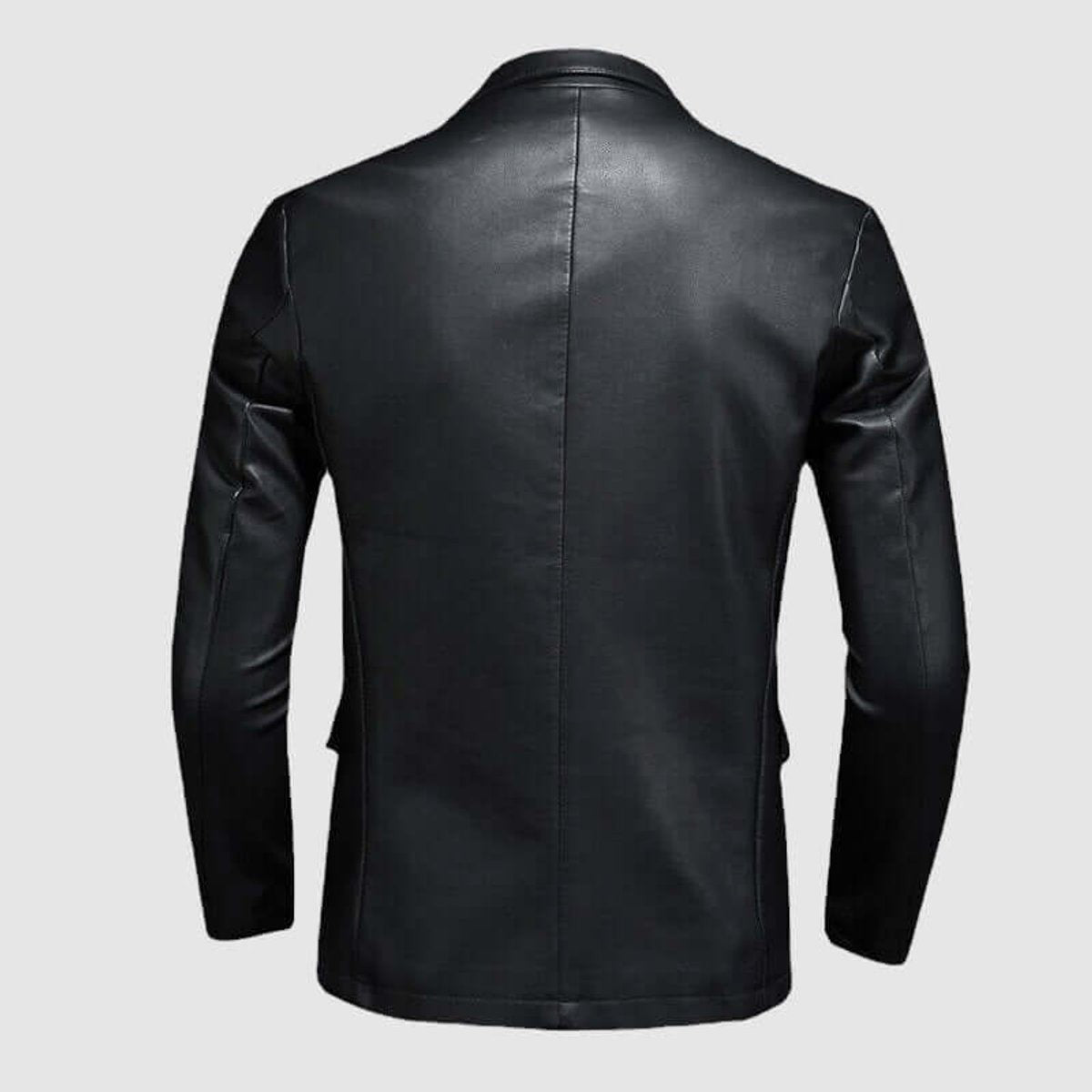 Black faux leather blazer jacket showing tailored back seam detailing