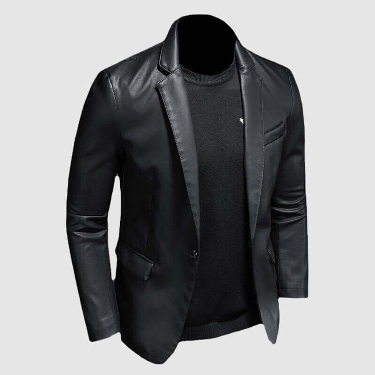 Slim-fit leather blazer jacket styled with black jumper, three-quarter view