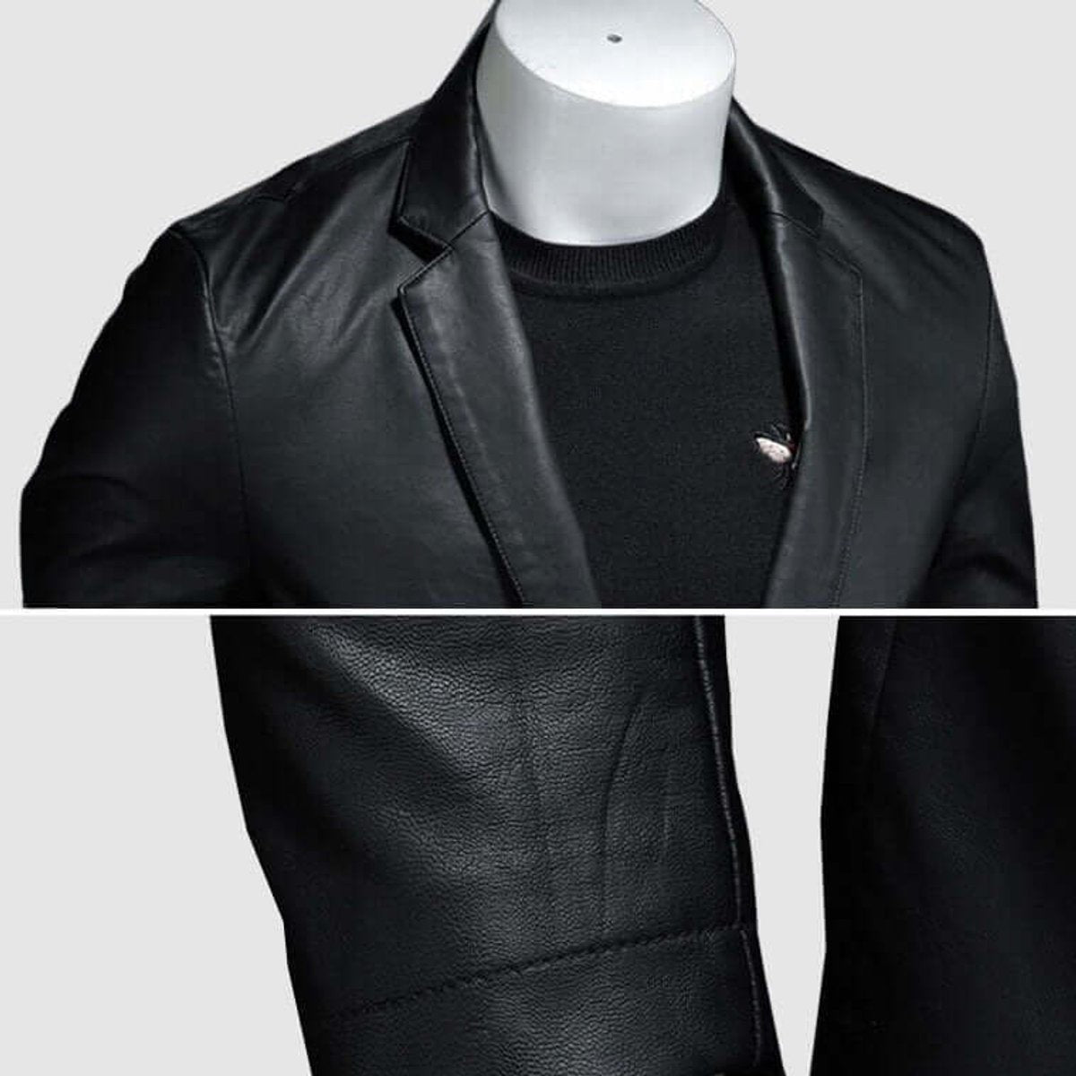 Close-up of leather blazer lapel and textured faux leather fabric grain