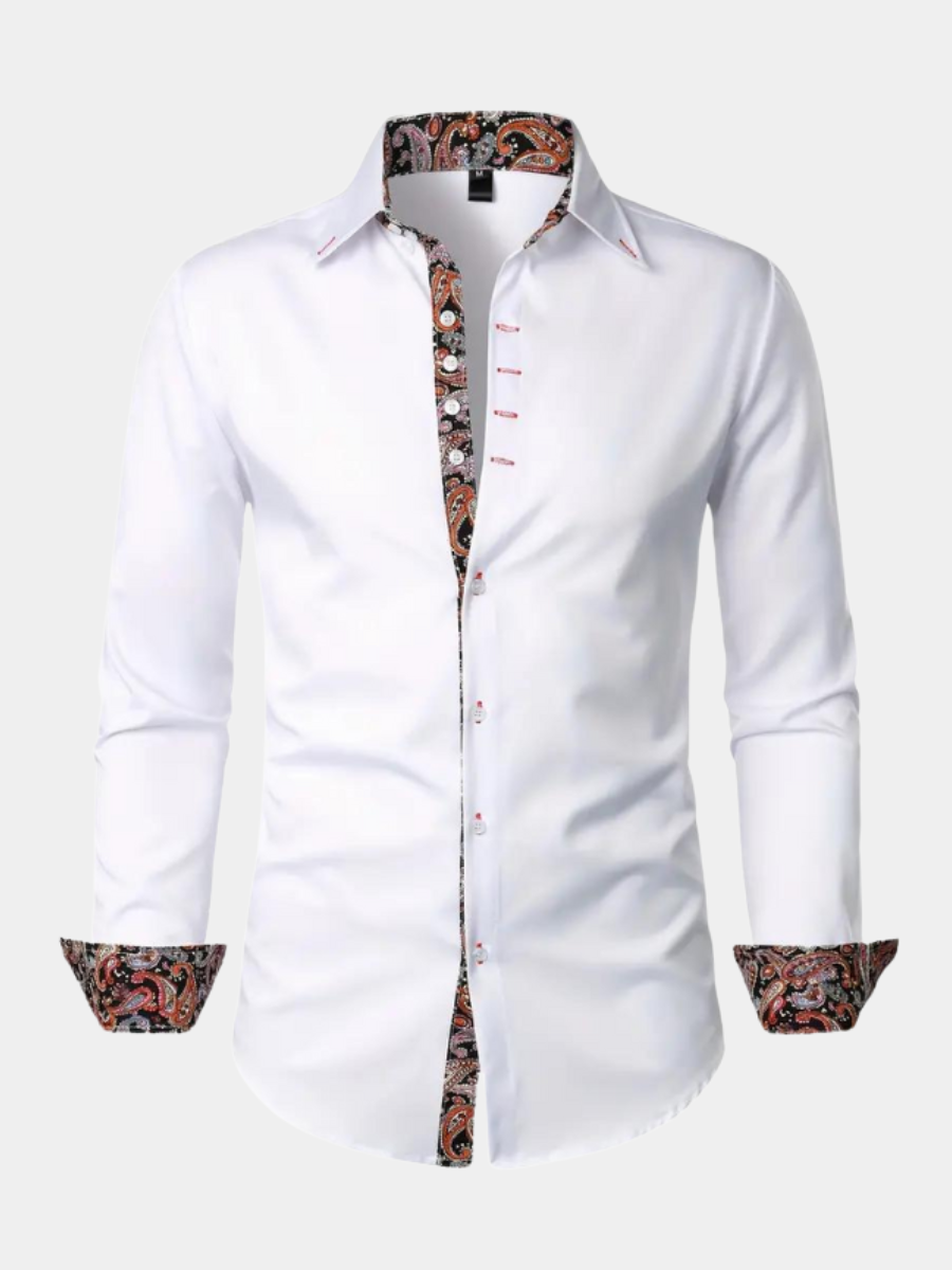 White long-sleeve men's shirt with paisley trim on collar and cuffs