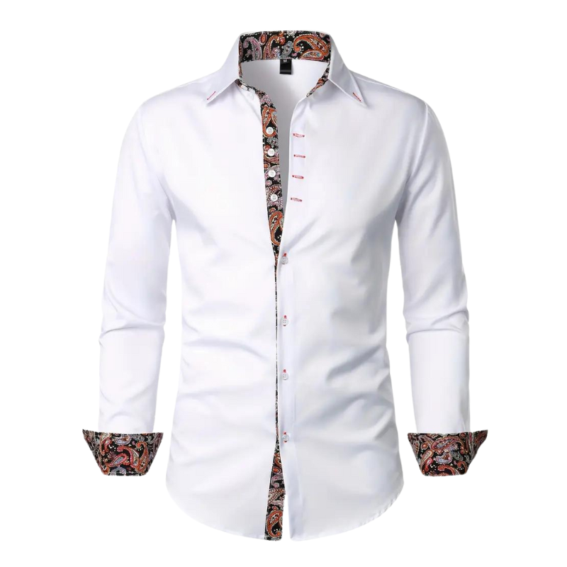 Slim-fit white men's shirt featuring contrast paisley placket and cuffs