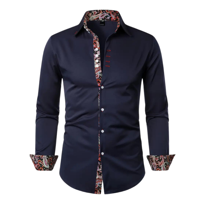Navy men's shirt with paisley-print collar and button placket detailing