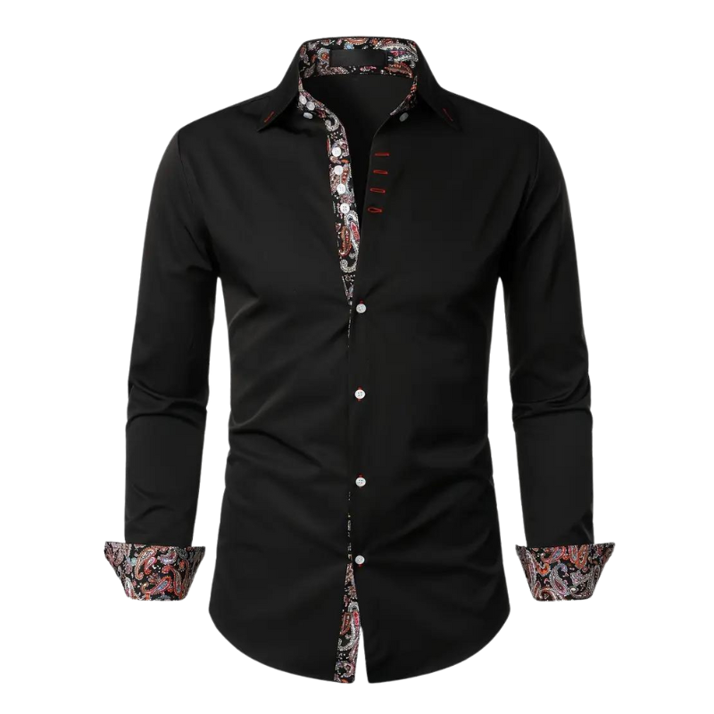 Black slim-fit men's shirt accented with colourful paisley trim