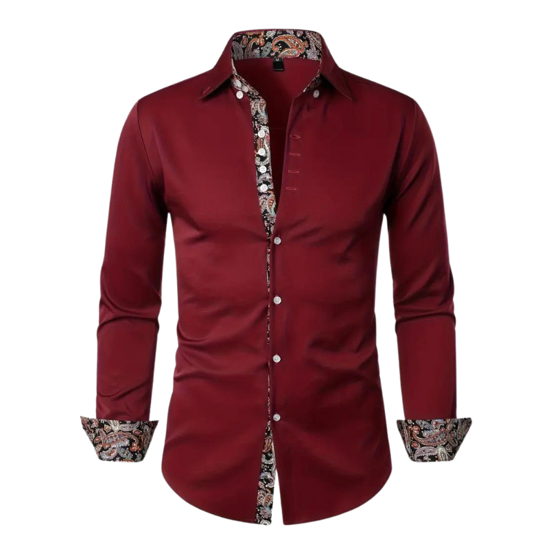 Burgundy men's shirt with paisley-patterned collar and cuff detailing