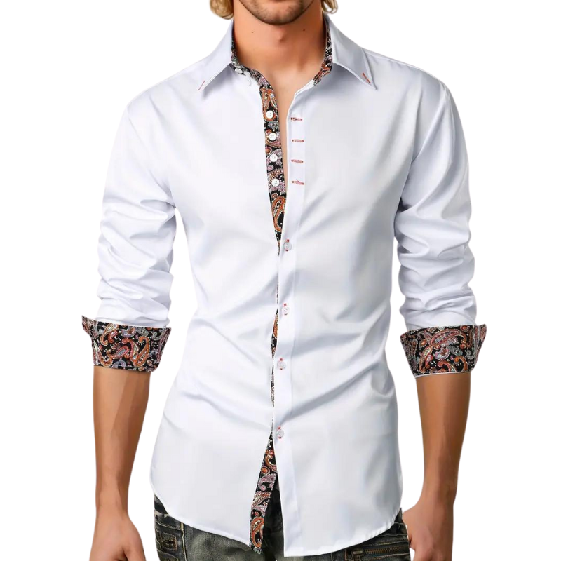 Model wearing white slim-fit shirt with paisley collar and cuff trim