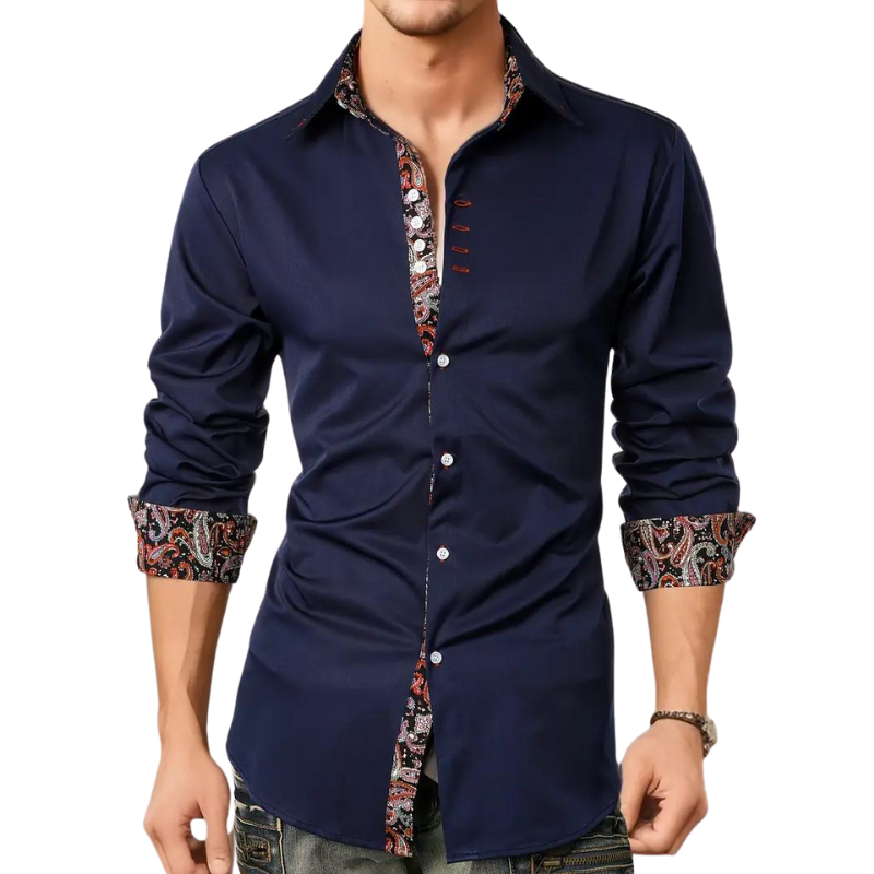 Model wearing navy men's shirt featuring paisley-print placket detailing