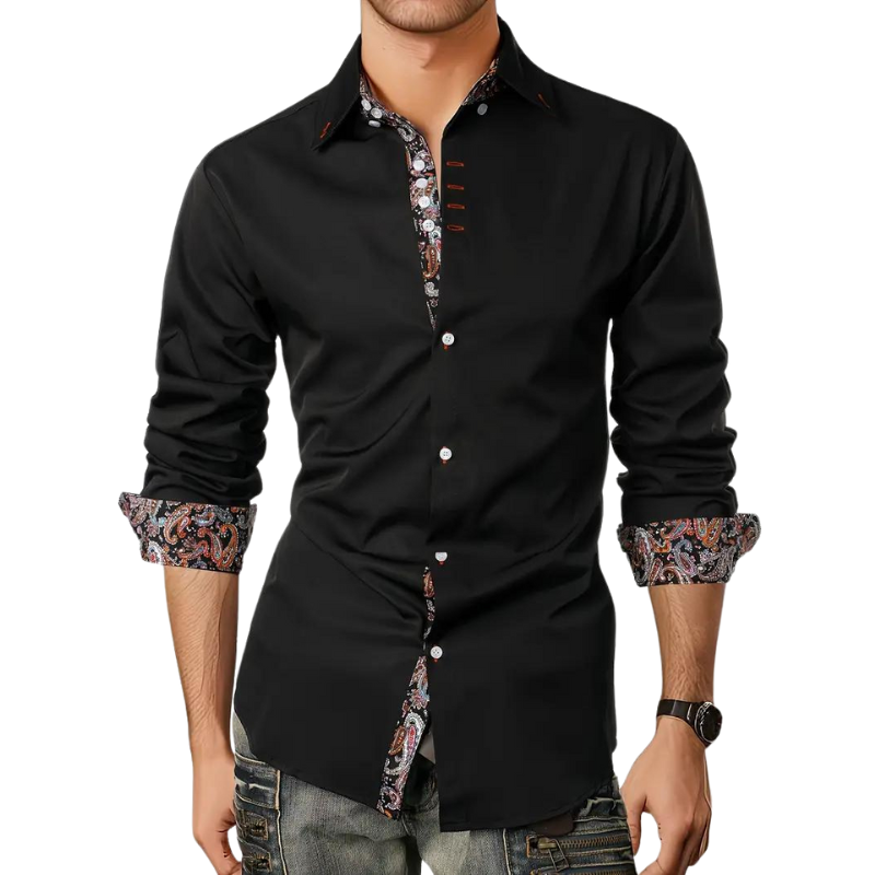 Model wearing black button-up shirt with paisley collar and cuffs