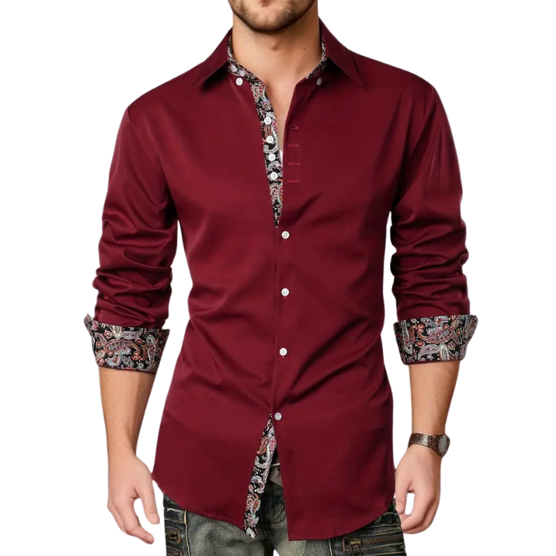 Model wearing burgundy slim shirt with paisley-print cuff detailing