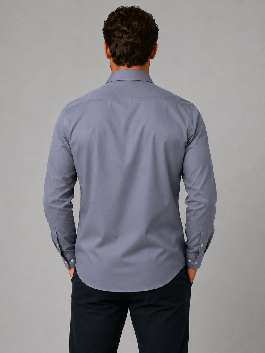 Rear view of grey slim-fit dress shirt showing tailored back and cuffs
