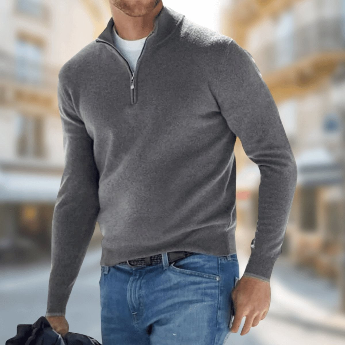Grey slim-fit quarter-zip pullover layered with a white tee and jeans