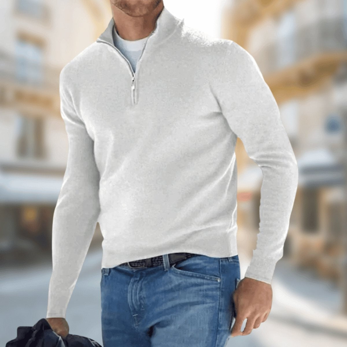 Off-white knitted quarter-zip jumper with ribbed cuffs and mock neck