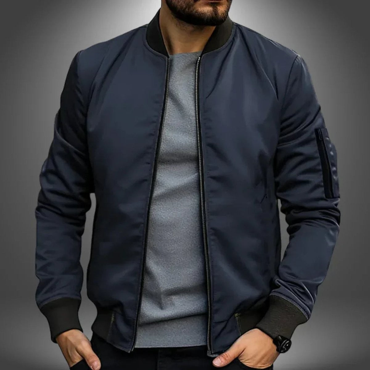 Navy men's bomber jacket with contrast ribbed collar and sleeve zip pocket
