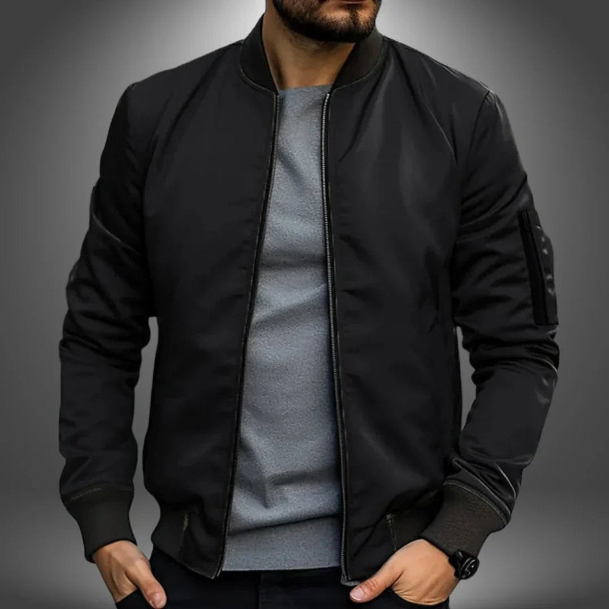 Black slim-fit bomber jacket with ribbed cuffs and stand collar