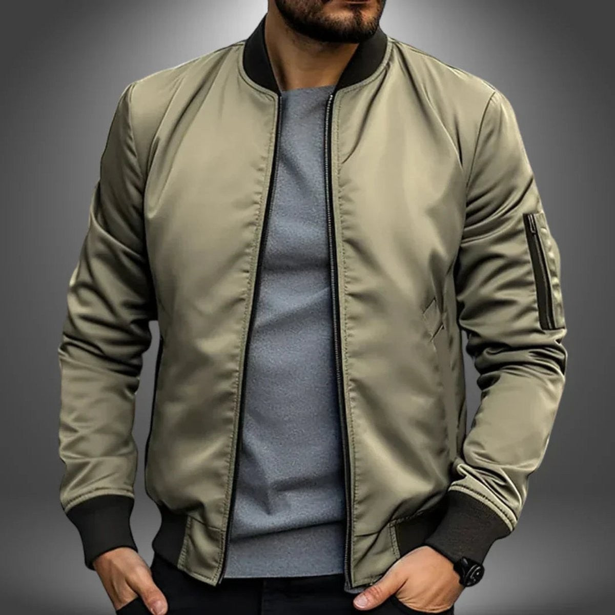 Khaki lightweight windbreaker jacket with zip sleeve pocket detail