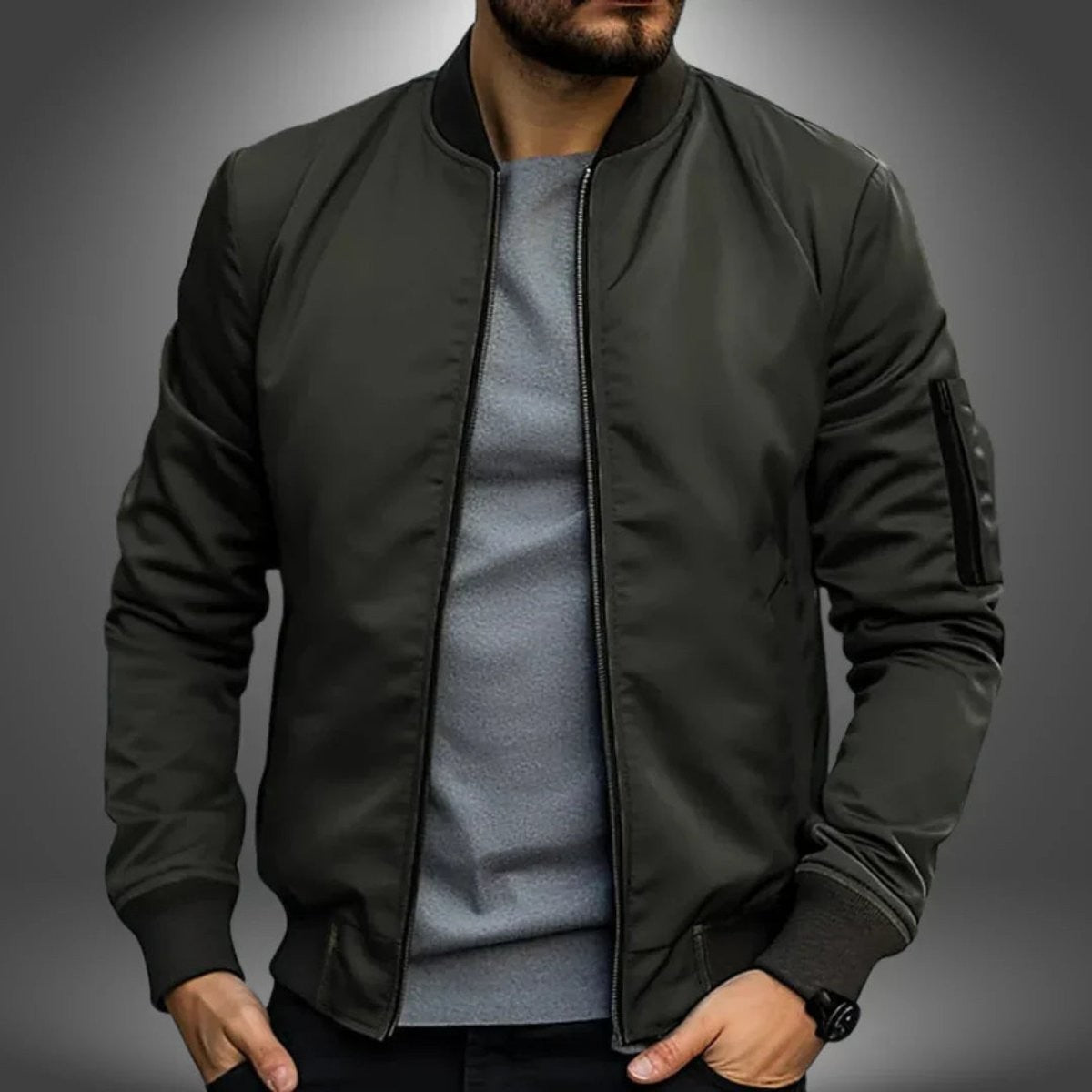 Olive green bomber jacket styled with ribbed trims and stand collar