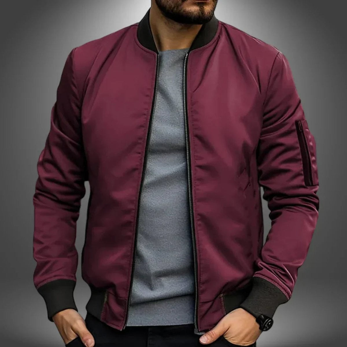Burgundy zip-up bomber jacket with contrast ribbed hem and cuffs