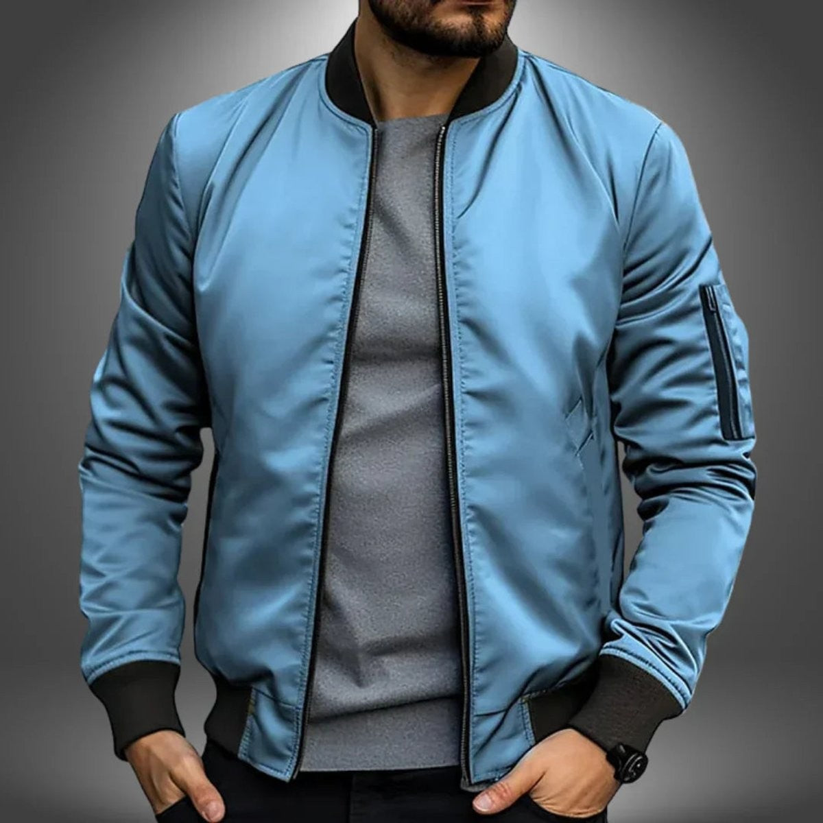 Sky blue slim-fit windbreaker jacket with ribbed collar and cuffs