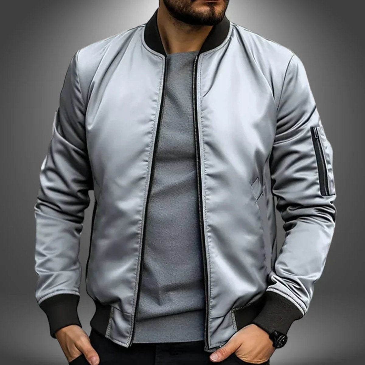 Silver-grey satin-finish bomber jacket with contrast ribbed trims