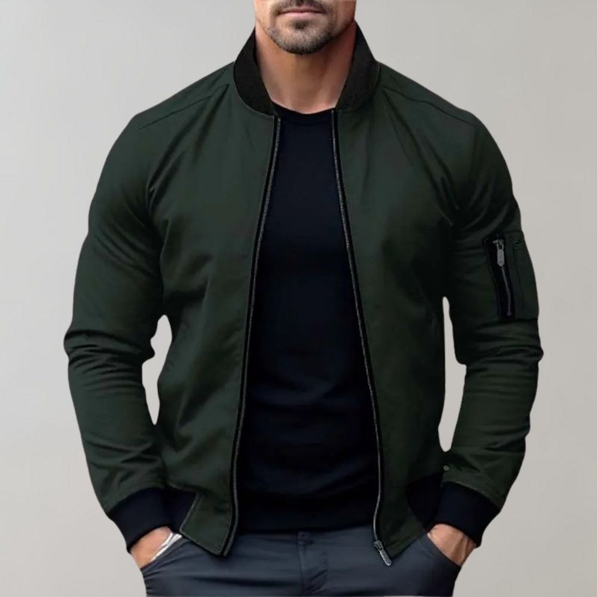 Man wearing olive green slim-fit bomber jacket with ribbed collar