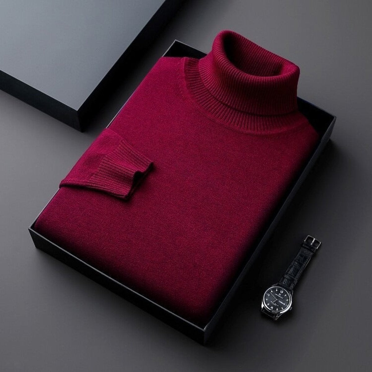 Burgundy slim-fit turtleneck jumper folded with ribbed knit collar and cuffs