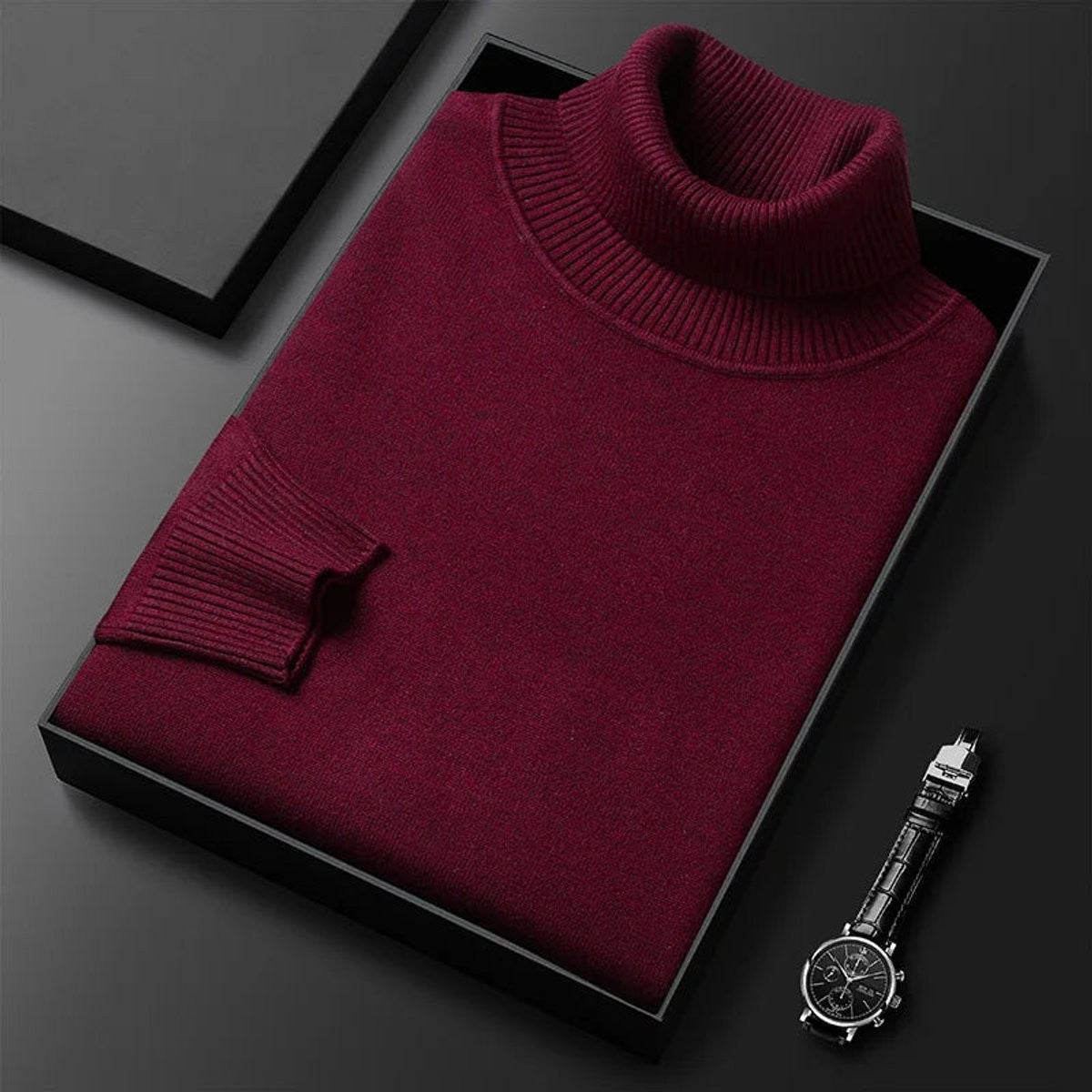 Wine red cotton-blend turtleneck jumper with ribbed collar and cuffs